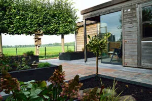 Houten buitenverblijf met glazen pui en terras, sierboompje in pot, vrij uitzicht over de polder